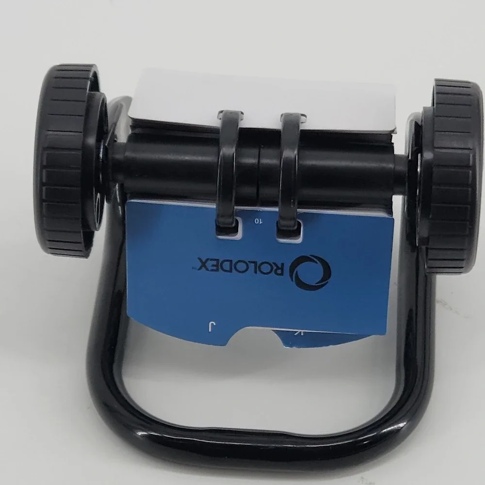 Rolodex Mini Rotary Card File Black Desktop Organizer Blue Dividers 3.5 Inch